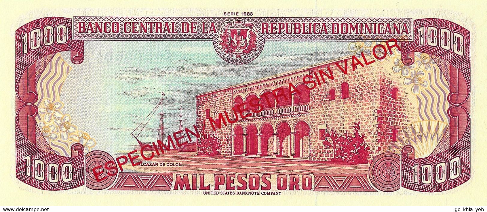 REPUBLIQUE DOMINICAINE 1988 1000 Peso Oro (Spécimen A000000A) - P.130s.1  Neuf UNC - Dominicaine