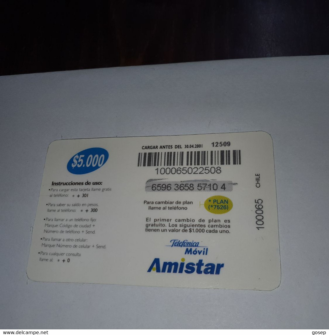 Chile-amistar-telefonica-(10)-($5.000)-(6596-3658-5710-4)-(30/4/2001)-(look Outside)-used Card+1card Prepiad Free - Chile