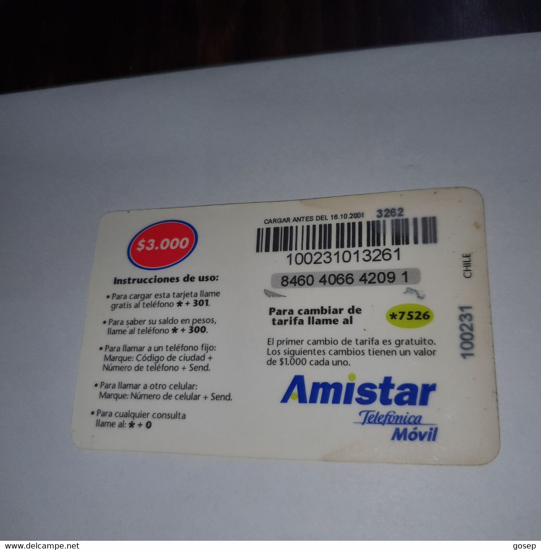 Chile-amistar-telefonica-(11)-($3.000)-(8640-4066-4209-1)-(16/10/2001)-(look Outside)-used Card+1card Prepiad Free - Chile