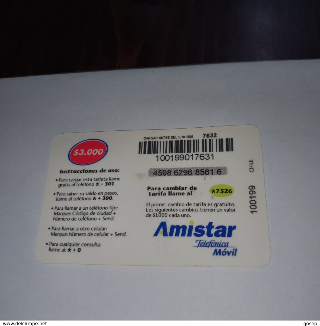 Chile-amistar-telefonica-(12)-($3.000)-(4598-6296-8561-6)-(5/10/2001)-(look Outside)-used Card+1card Prepiad Free - Chili