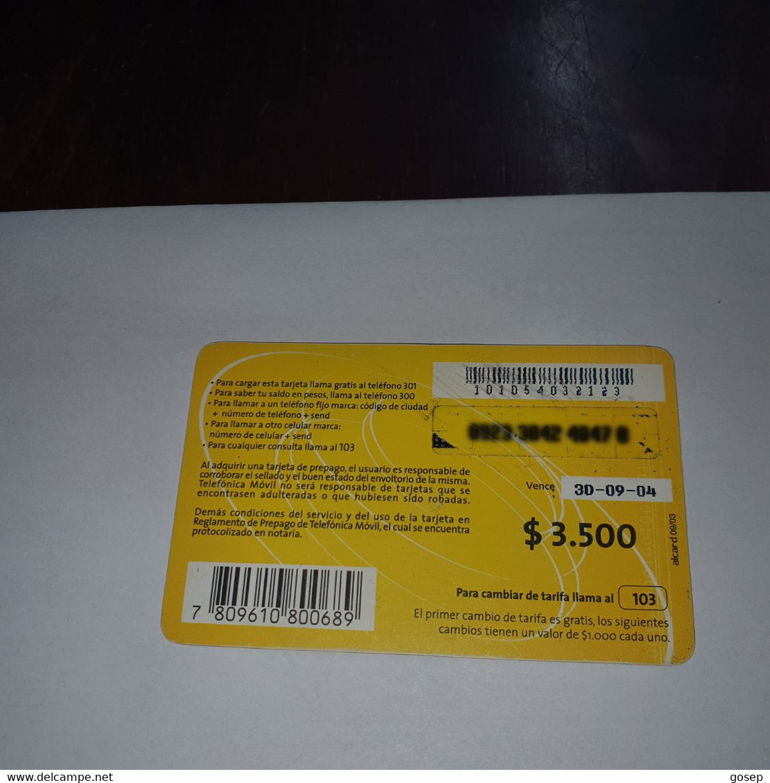 Chile-telrfonica Movil-(21)-($3.500)-(0923-3842-4847-0)-(30/9/2004)-(look Outside)-used Card+1card Prepiad Free - Cile