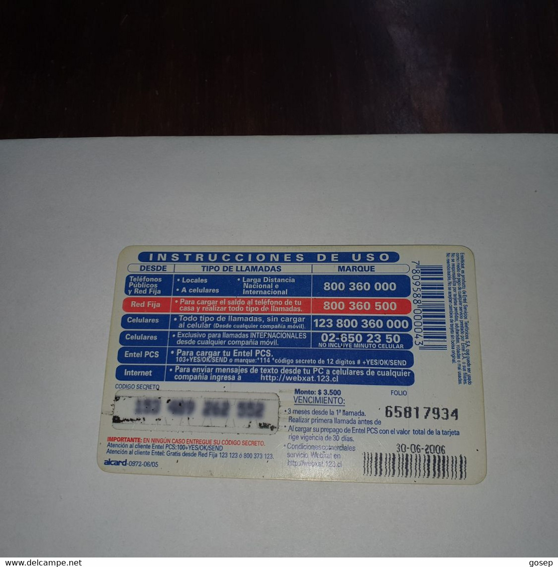 Chile-entel Ticket-(24)-($3.500)-(153-409-262-552)-(30/6/2006)-(look Outside)-used Card+1card Prepiad Free - Chile