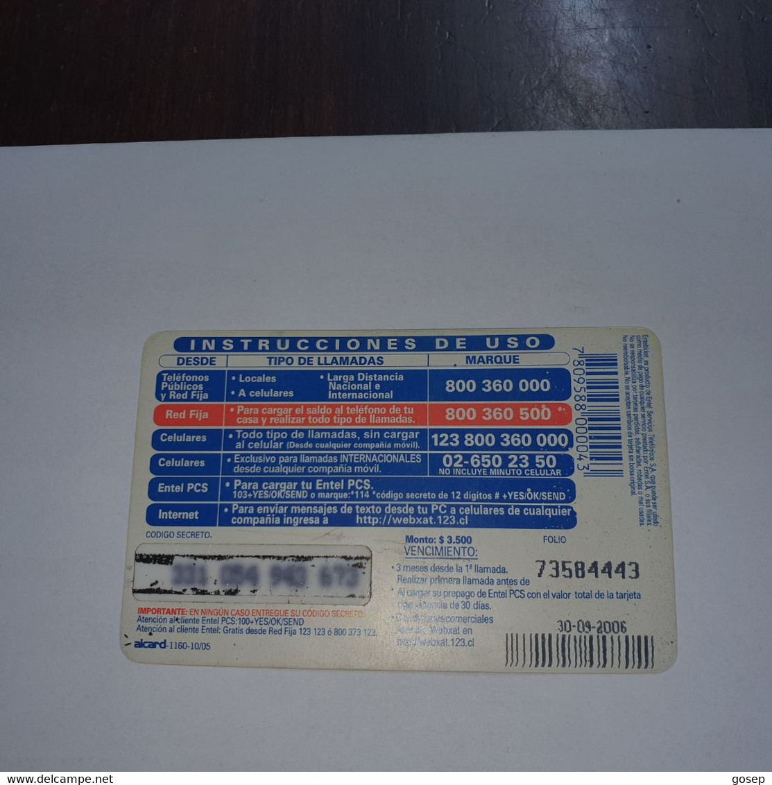 Chile-entel Ticket-(25)-($3.500)-(331-054-943-673)-(30/9/2006)-(look Outside)-used Card+1card Prepiad Free - Chili