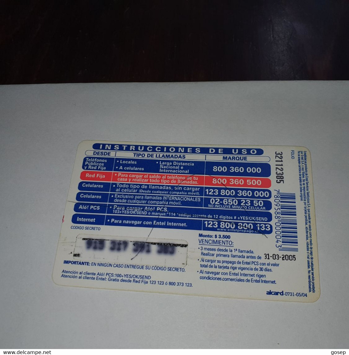 Chile-entel Ticket-(26)-($3.500)-(915-319-291-383)-(31/3/2005)-(look Outside)-used Card+1card Prepiad Free - Chili