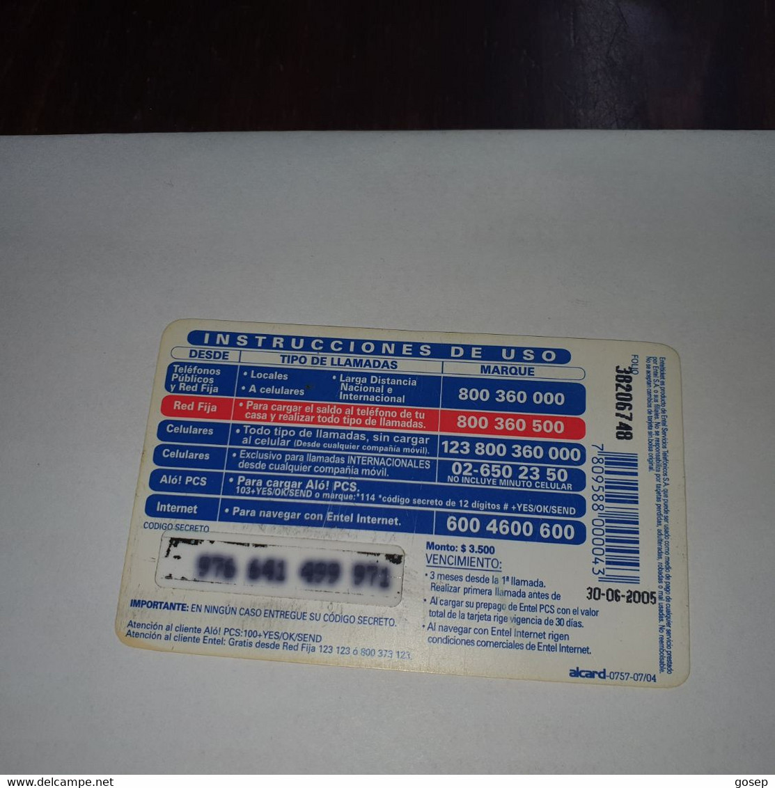 Chile-entel Ticket-(27)-($3.500)-(976-641-499-971)-(30/6/2005)-(look Outside)-used Card+1card Prepiad Free - Chile