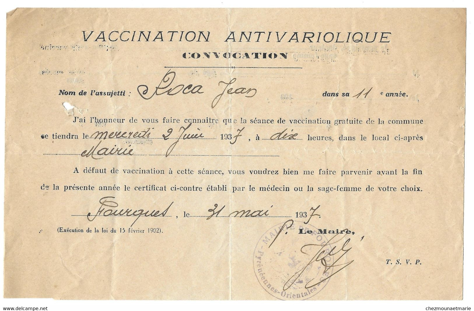 1937 FOURQUES - VACCINATION ANTIVARIOLIQUE VARIOLE - CONVOCATION POUR ROCA JEAN - Documents Historiques