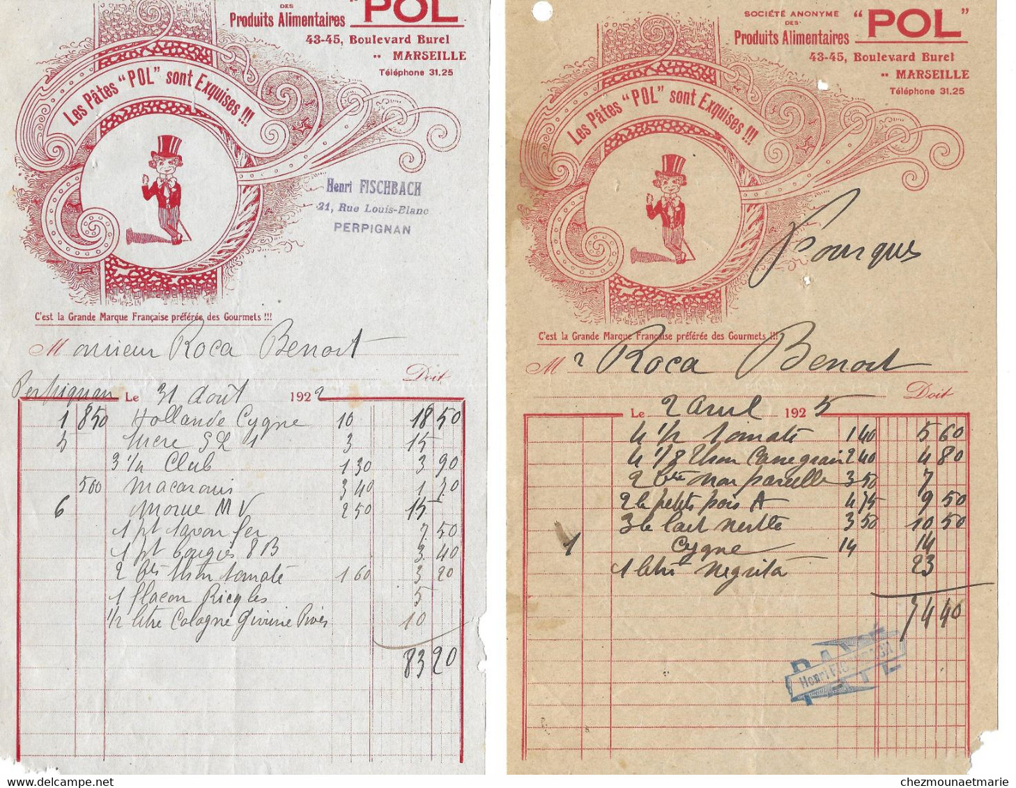 MARSEILLE - LES PATES POL BOULEVARD BUREL - HENRI FISCHBACH PERPIGNAN - LOT DE 2 DOCUMENTS - Documents Historiques