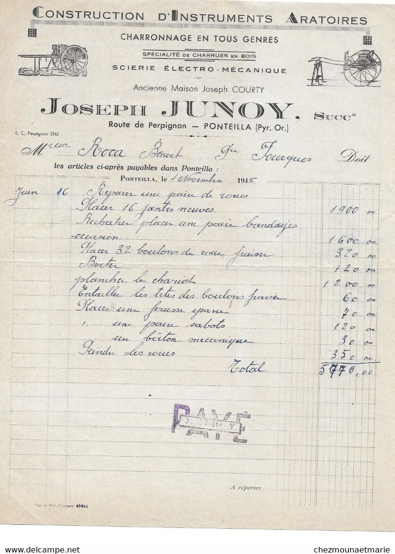1945 PONTEILLA (66) - CHARRONAGE SCIERIE JOSEPH JUNOY ROUTE DE PERPIGNAN - Documents Historiques