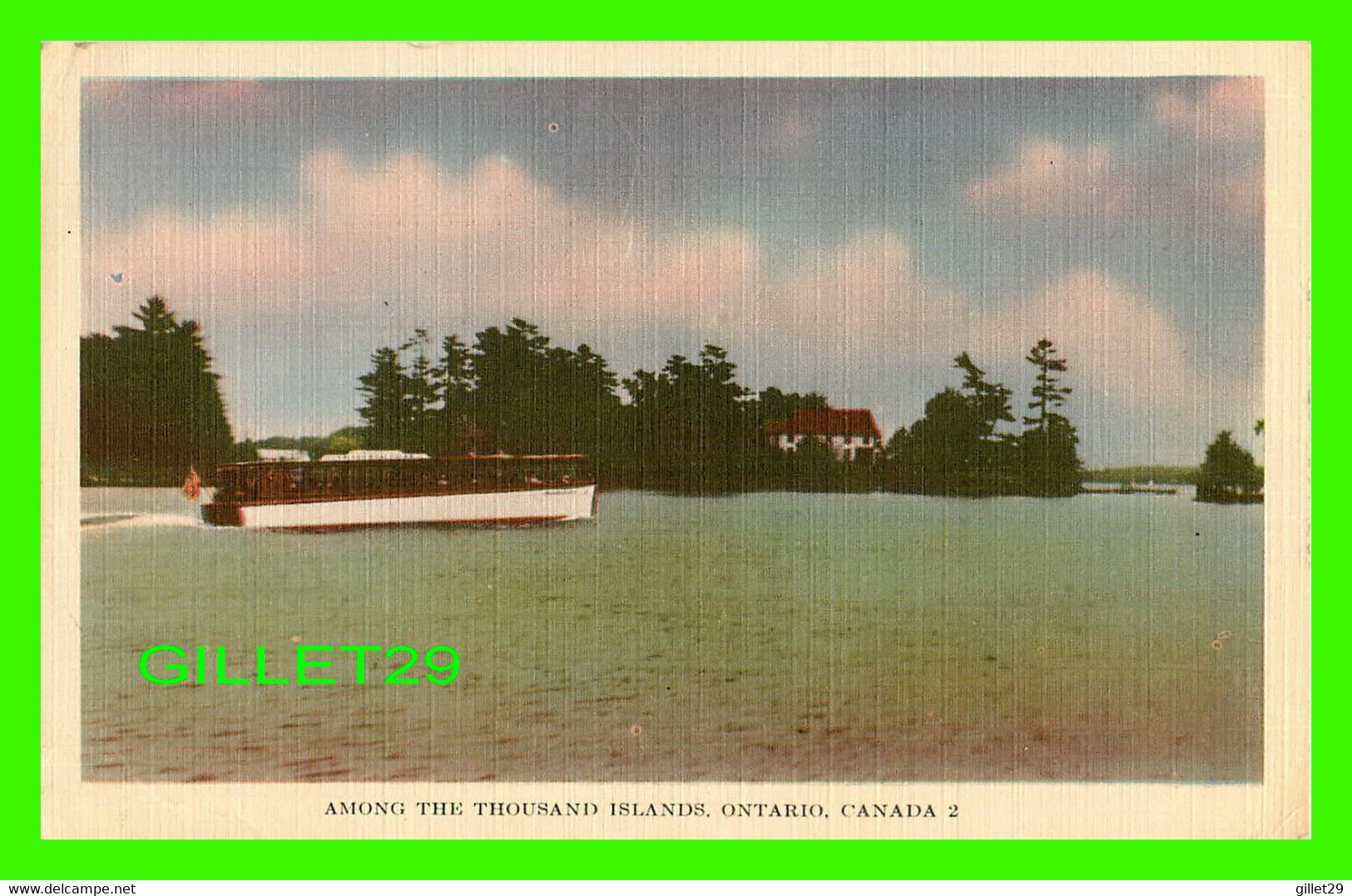 THOUSAND ISLANDS, ONTARIO - SHIP ON THE RIVER - KROM-O-GRAPH POSTAL - PUB. BY JACK H. BAIL - - Thousand Islands