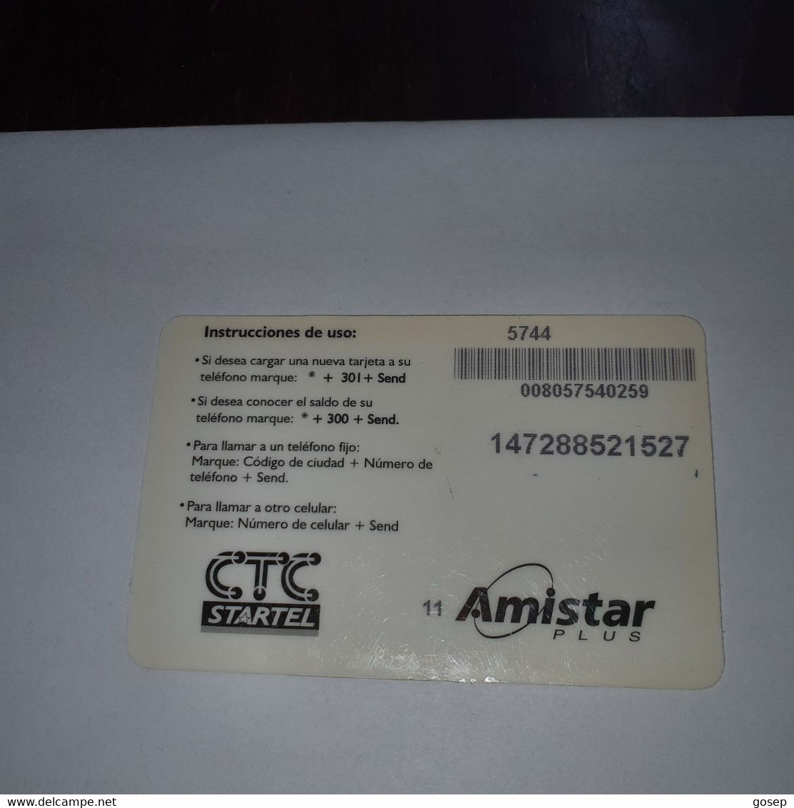 Chile- Amistar Plus-(30)-($10.000)-(147288521527)-(5744)-(look Outside)-used Card+1card Prepiad Free - Cile