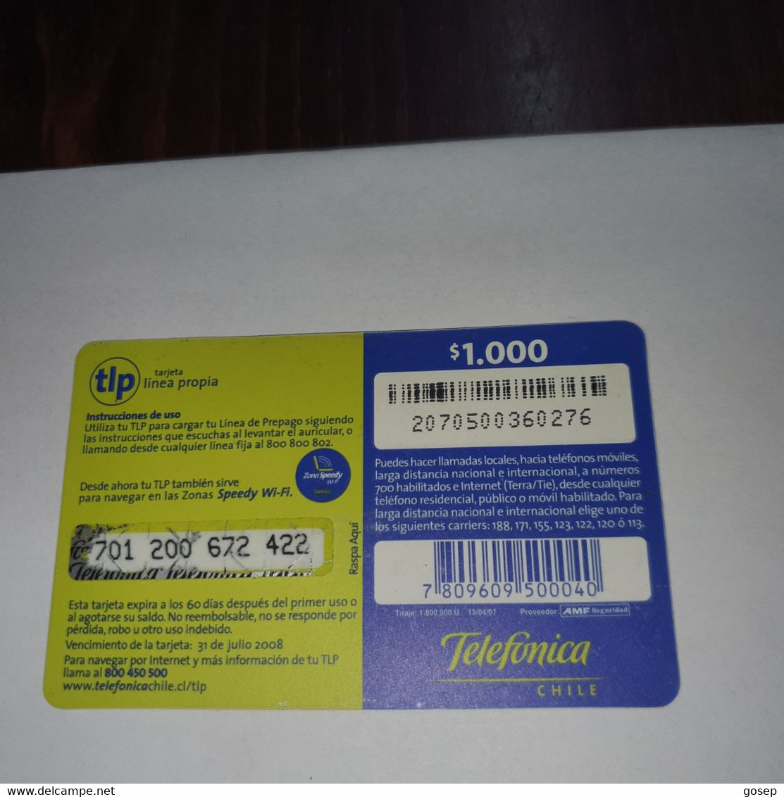 Chile-telefonica-TLP-(42)-($1.000)-(701-200-672-422)-(31/7/2008)-(look Outside)-used Card+1card Prepiad Free - Chili