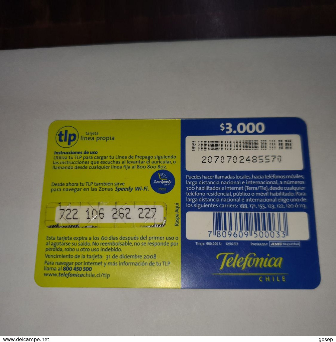 Chile-telefonica-TLP-(45)-($3.000)-(722-106-262-227)-(31/12/2008)-(look Outside)-used Card+1card Prepiad Free - Chile