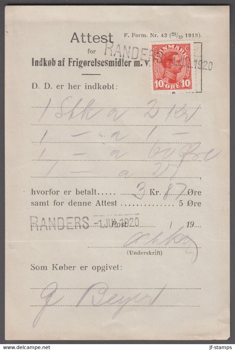 1920. DANMARK. King Christian X. 10 Øre On Attest For Indkøb Af Frigørelsesmidler (F.... (Michel 68) - JF414967 - Cartas & Documentos