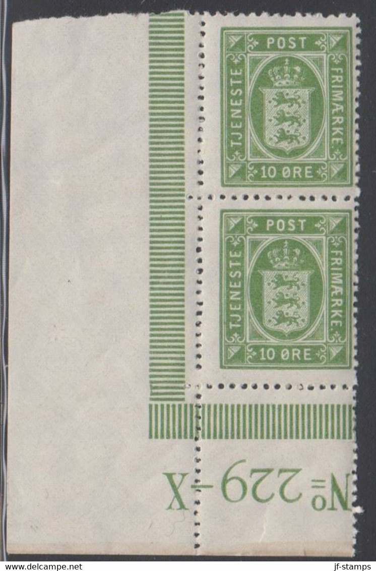 1921. Official. 10 Øre Pair Perf. 14x14½, With Margin No 229-X. Never Hinged. (Michel D17) - JF415028 - Service