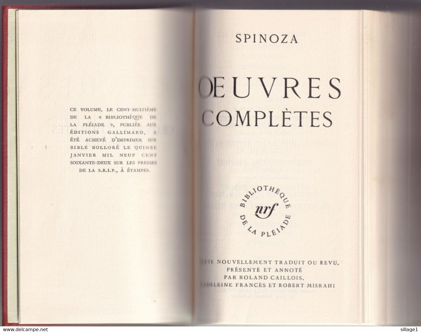 SPINOZA Oeuvres Complètes  La Bibliothèque De La Pléiade NRF 1962 BE Rare - La Pléiade