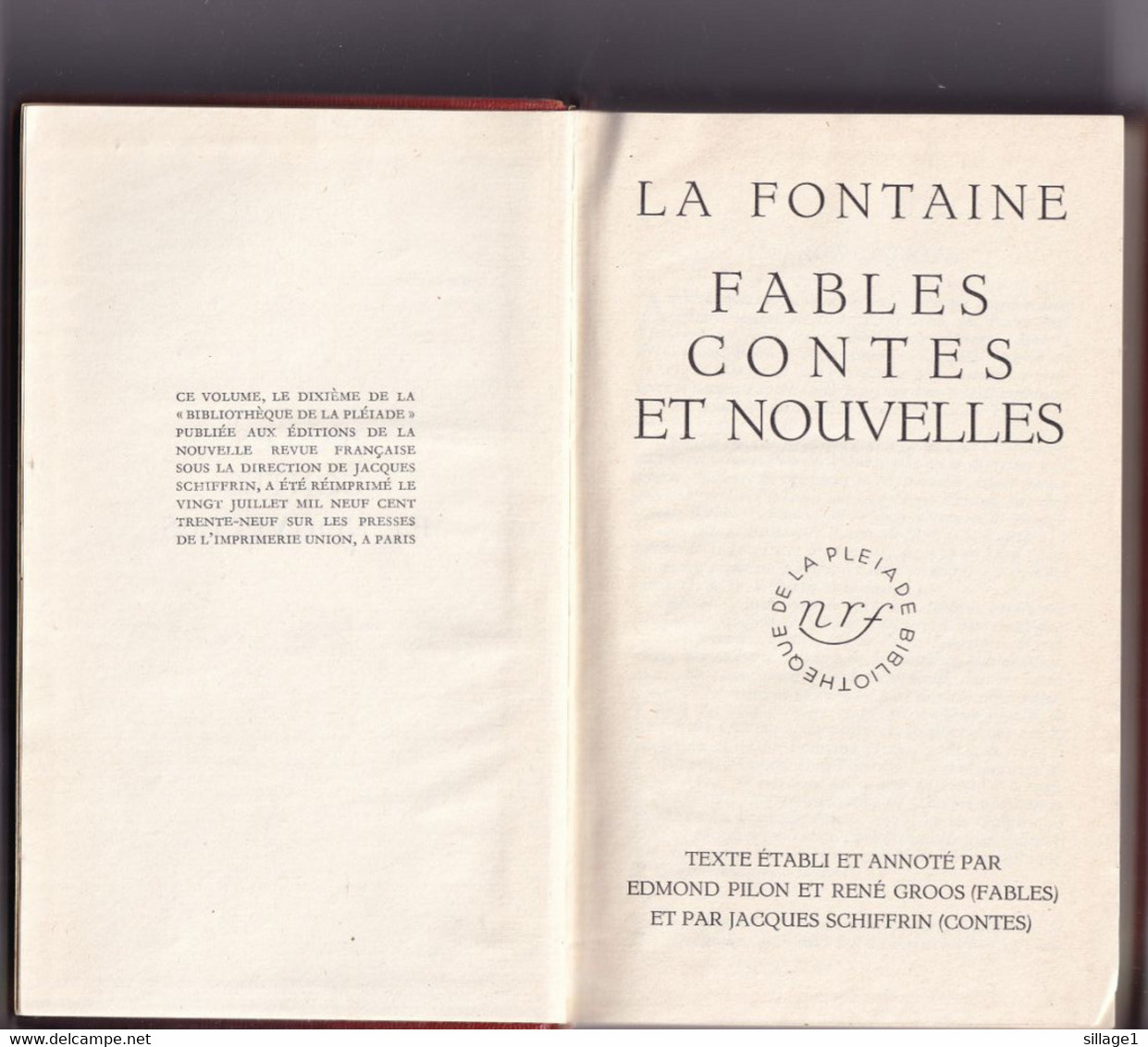 La Fontaine Fables Et Contes Et Nouvelles NRF Bibliothèque De La Pléiade N°10 20 Juillet  1939 RARE TOP TEN - La Pléiade