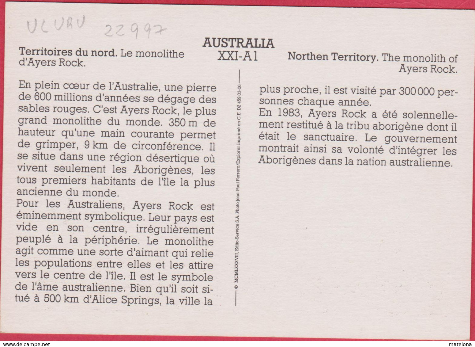 AUSTRALIA NORTHERN TERRITORY ULURU & THE OLGAS THE MONOLITH OF AYERS ROCK TERRITOIRES DU NORD LE MONOLITHE ... - Uluru & The Olgas