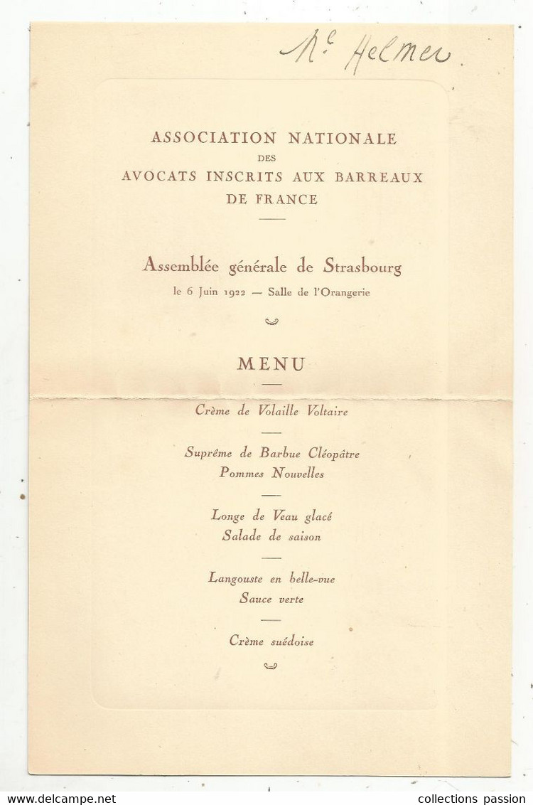 Menu , Association Des Avocats Inscrits Aux Barreaux De France , Assemblée Générale STRASBOURG , 1922,  Frais Fr 1.95 E - Menus