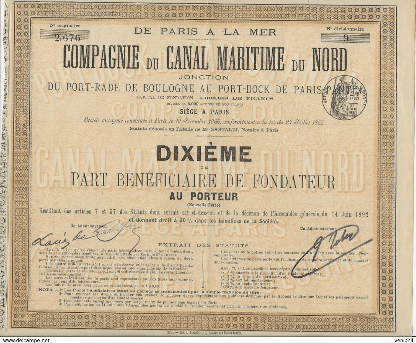 DE PARIS A LA MER COMPAGNIE DU CANAL MARITIME DU NORD - DIXIEME DE PART BENEFICIAIRE DE FONDATEUR - ANNEE 1892 - Navigation