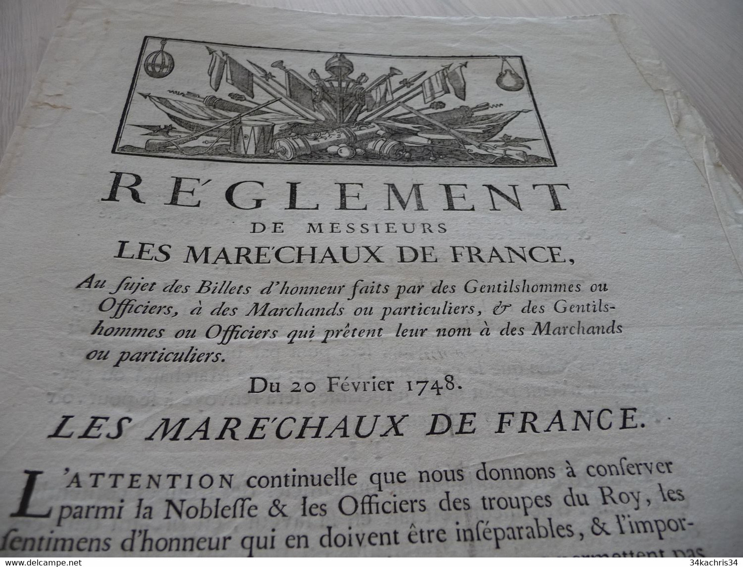 Règlement De Messieurs Les Maréchaux De France  Billets D'Honneur 20/02/1748 - Décrets & Lois