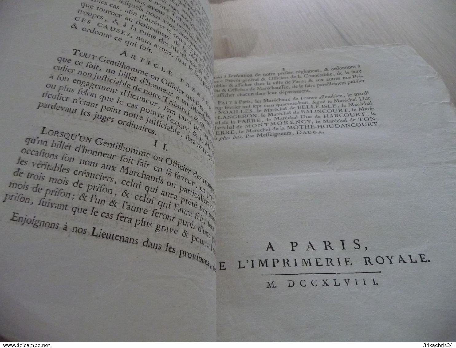 Règlement De Messieurs Les Maréchaux De France  Billets D'Honneur 20/02/1748 - Decrees & Laws
