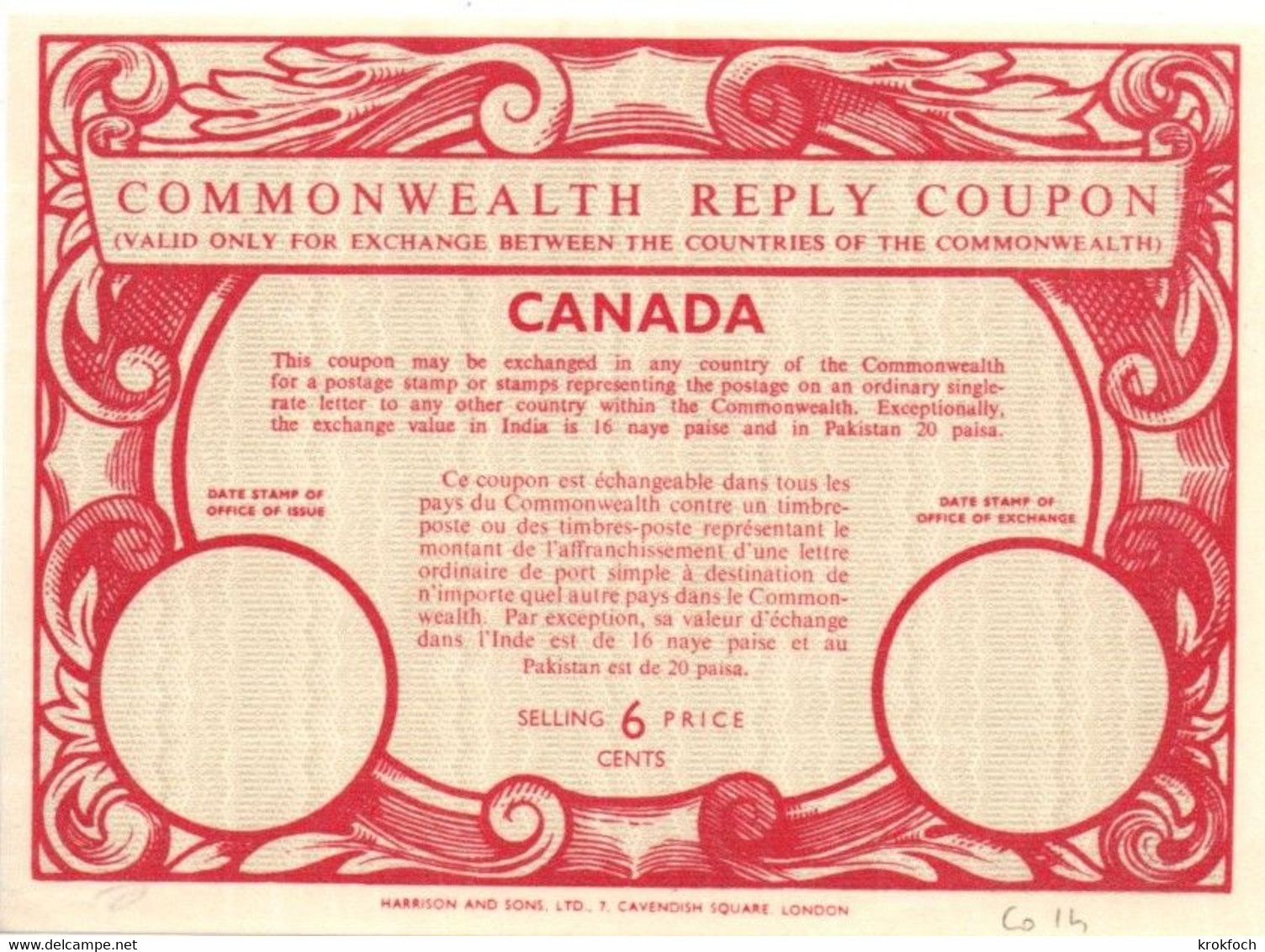 Coupon-réponse Commonwealth 6 Cents - Modèle Co 14 - Reply Coupon - IRC CRI IAS - - Reply Coupons