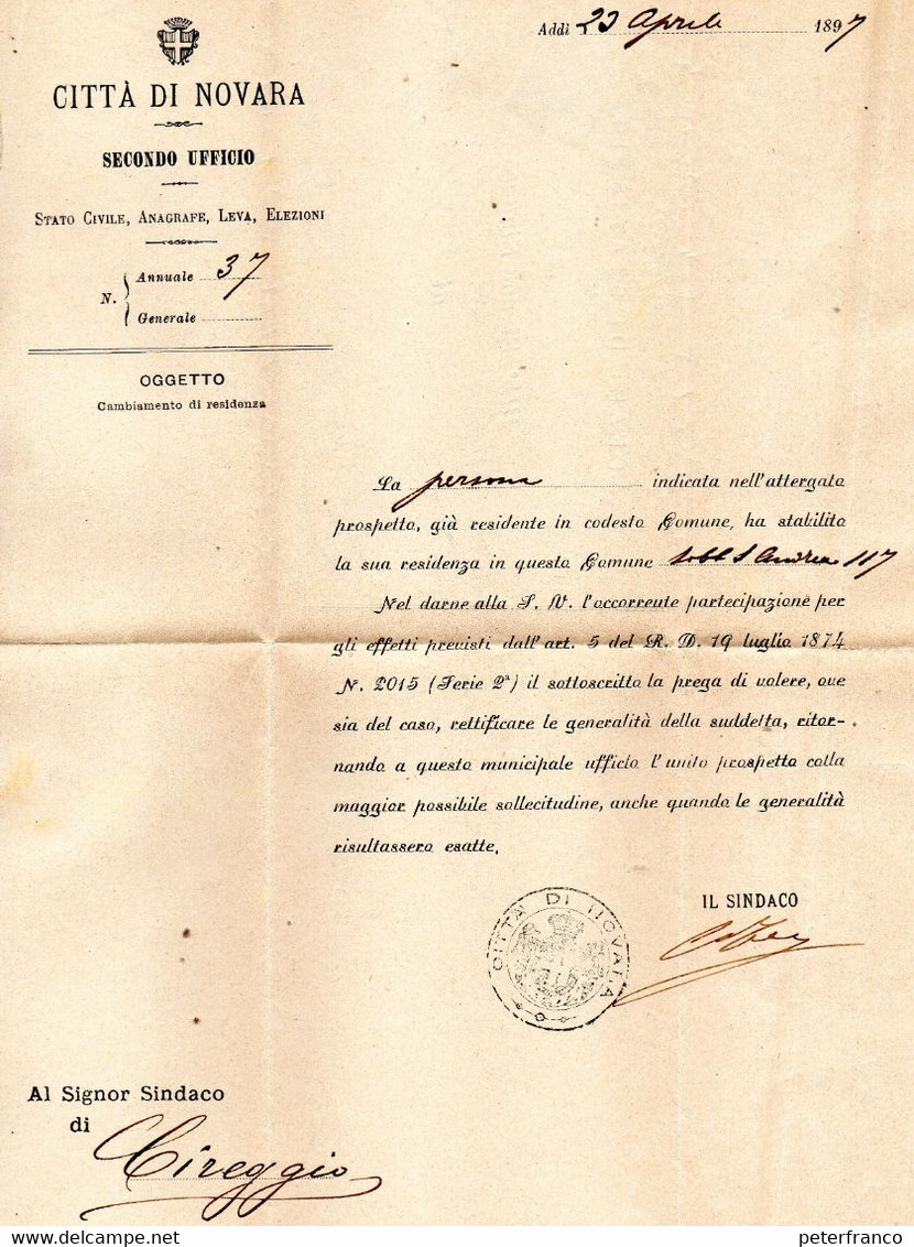 CG32 - Lettera Dal Sindaco Di Novara 23/4/1897 Per Cireggio  Con Bollo Amm.vo - Sonstige & Ohne Zuordnung