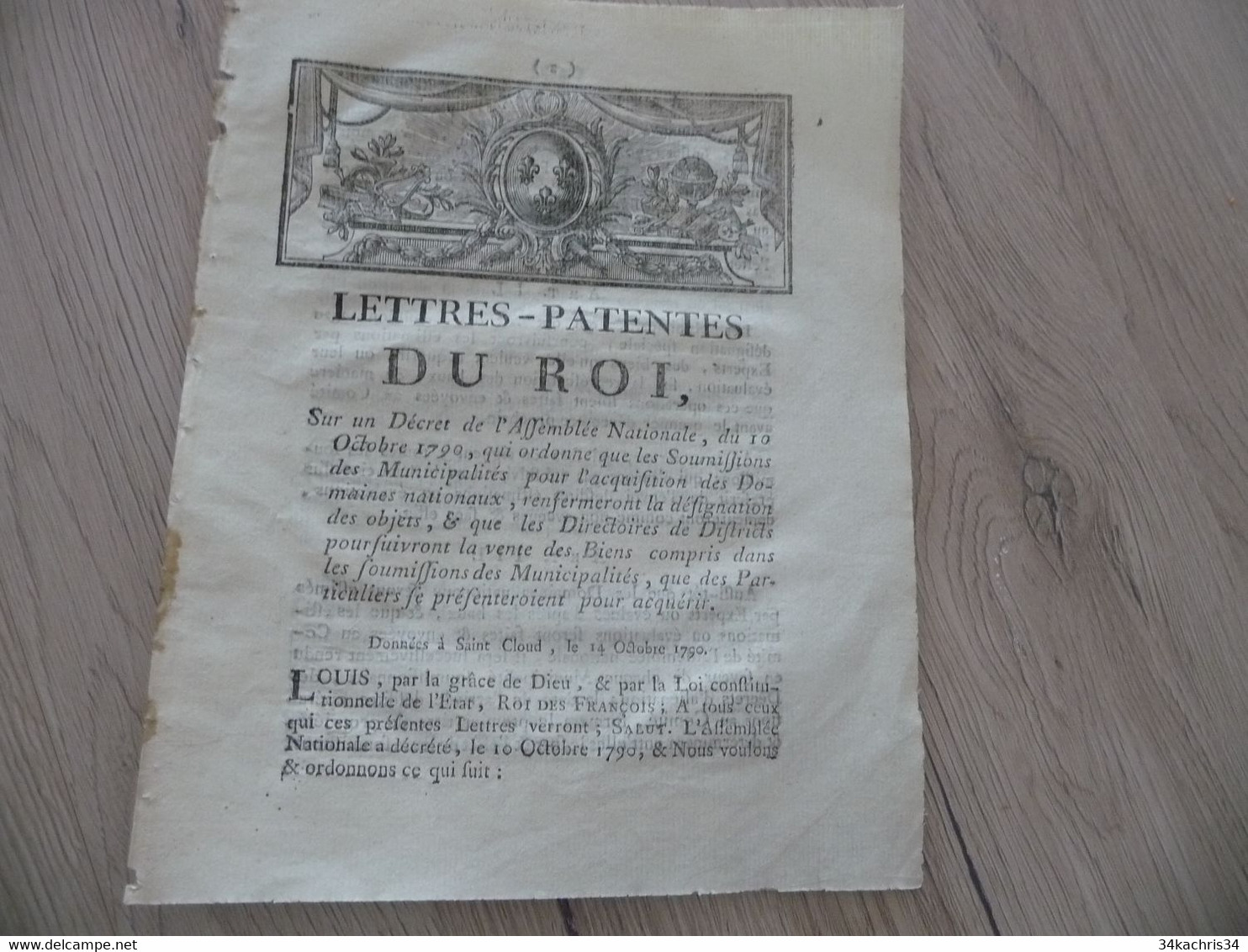 Lettres Patente Du Roi 14/10/1790 Soumissions Des Municipalités Pour L'acquisition Des Domaines - Decrees & Laws