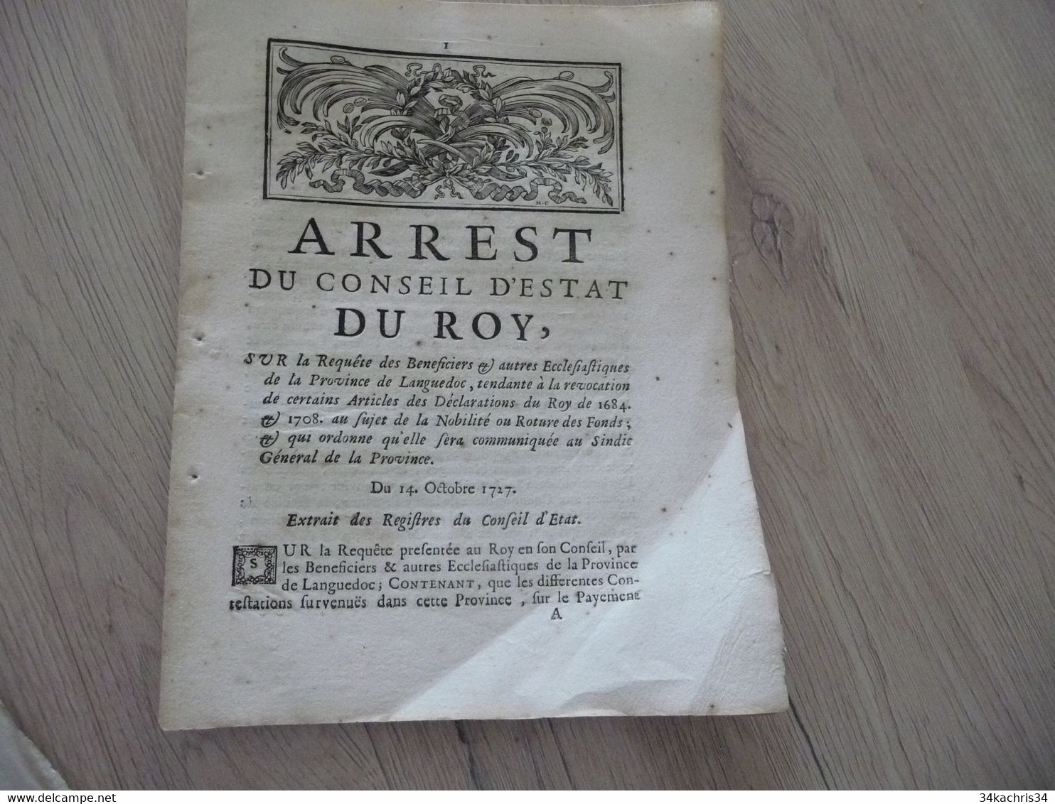 Arrest Conseil D'état Du Roi 14/10/1727 Requête Des Bénéficier Et Autres Ecclésiastiques Du Languedoc .... - Decrees & Laws