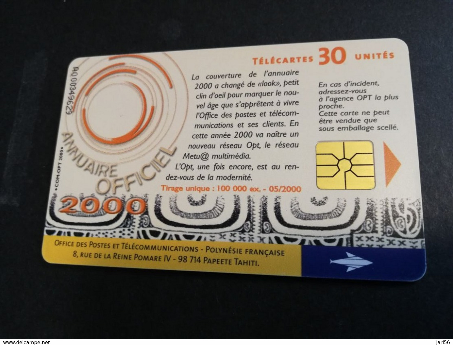 POLINESIA FRANCAISE  CHIPCARD  30 UNITS  ANNUAIRE OFFICIEL 2000    POLYNESIEN                **4954** - French Polynesia