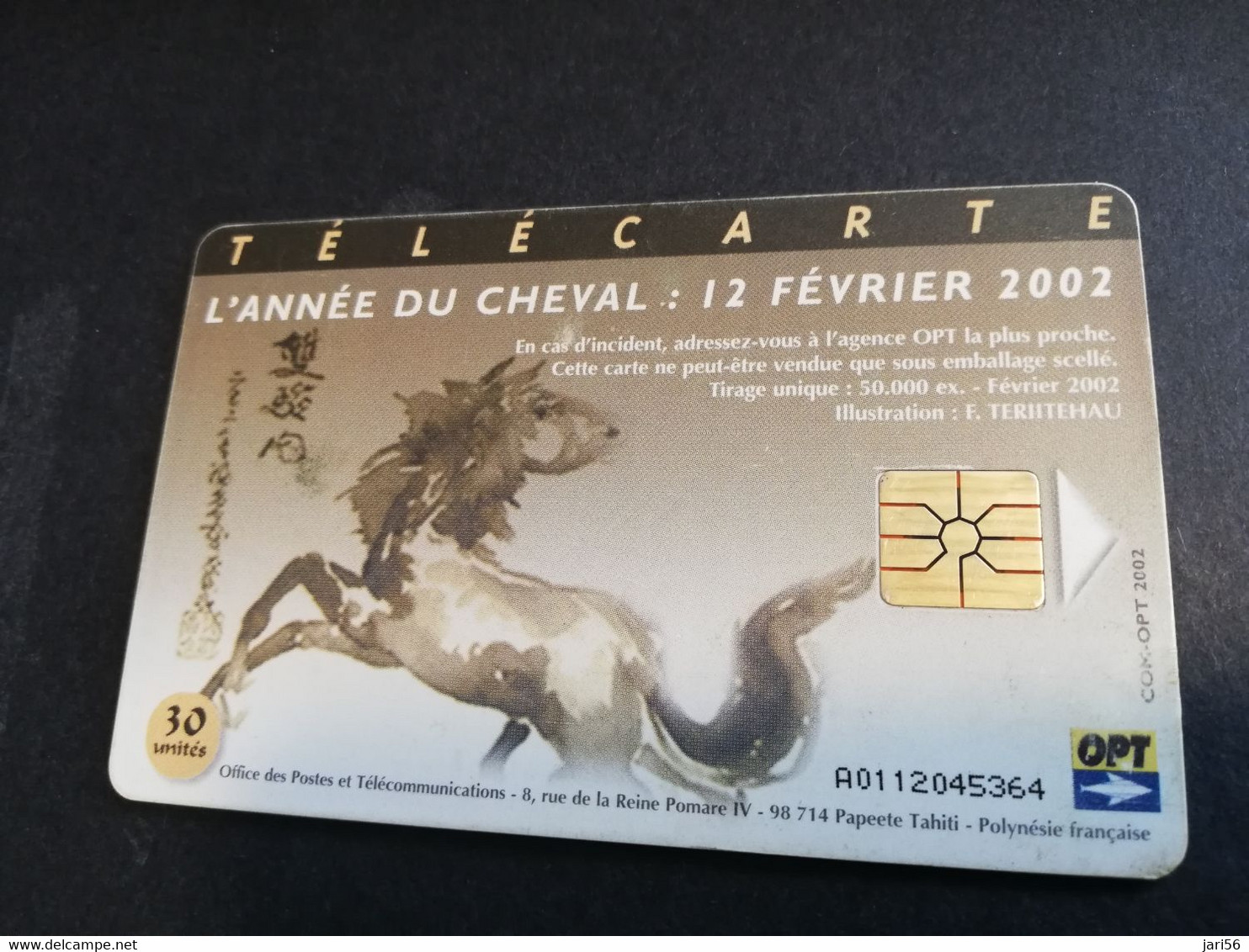 POLINESIA FRANCAISE  CHIPCARD  30 UNITS  LANNEE DE CHEVAL 2002   GEM 1B    POLYNESIEN                **4966** - French Polynesia