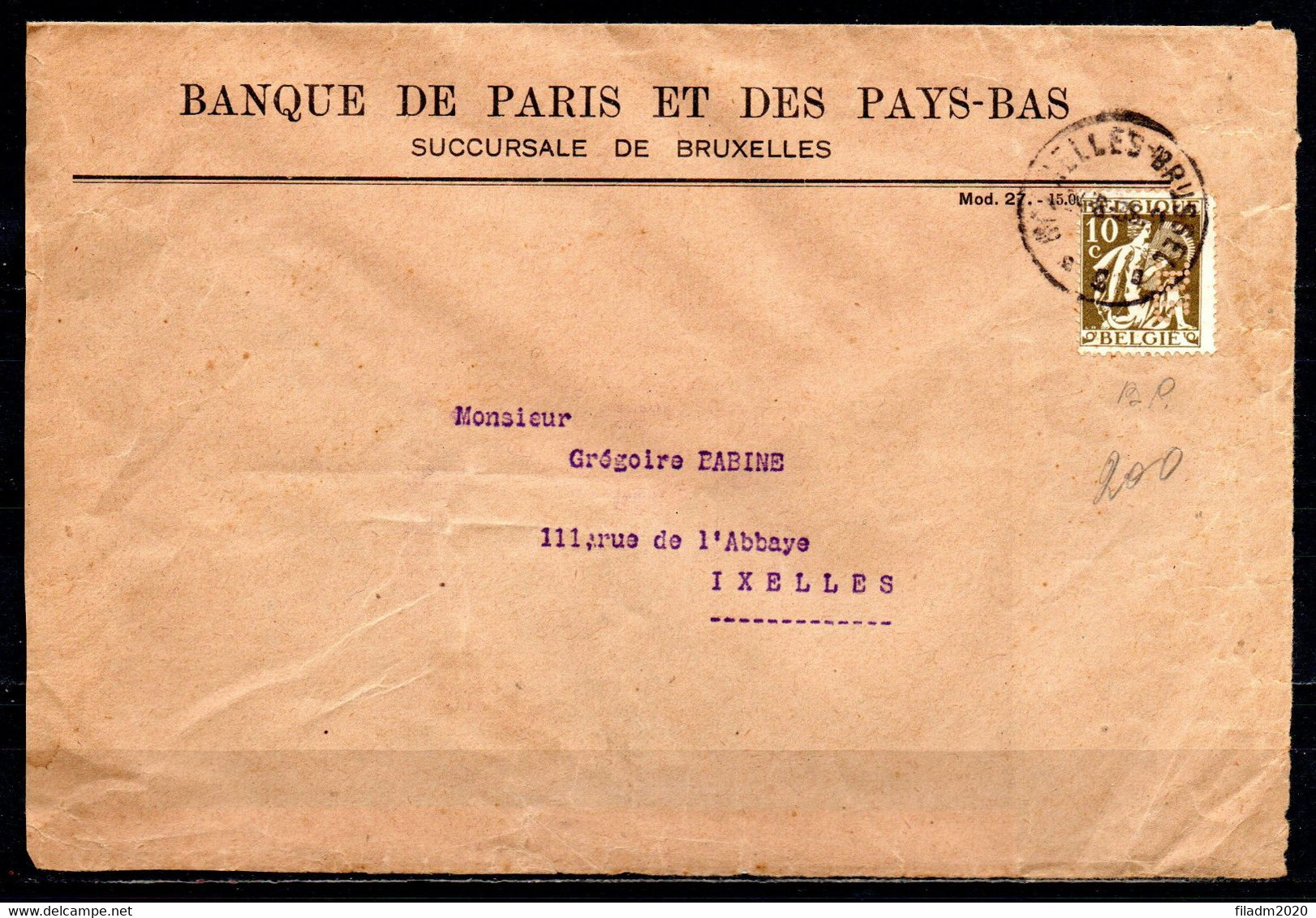 337 Met Firmaperforatie/perfin BB (Banque De Bruxelles) Op Briefstuk Gestempeld BRUXELLES - BRUSSEL - 1932 Cérès Et Mercure