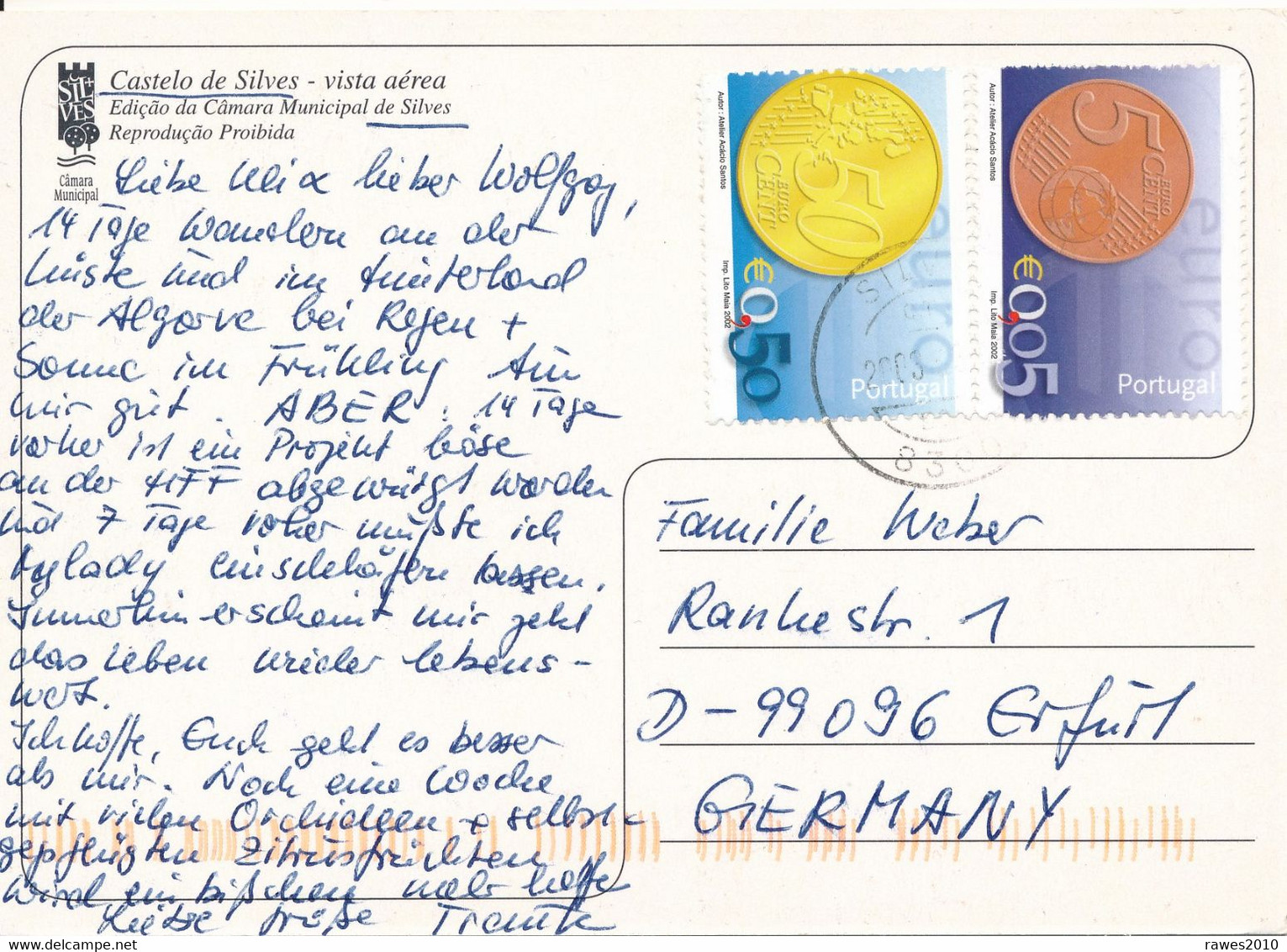 Portugal 2002 Mi. 2260 + 2263 Einführung Euro-Münzen TGST - Postkarte Nach Deutschland - Briefe U. Dokumente