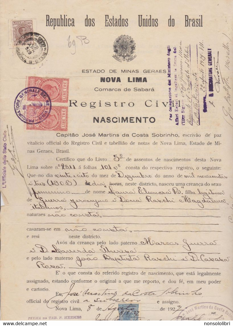 DOCUMENTO CONSOLATO IN BRASILE . 1927 . CON MARCA CONSOLARE - Historical Documents