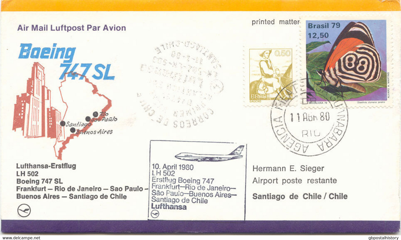 BRAZIL 1980 First Flight Lufthansa LH502 RIO DE JANEIRO - SANTIAGO DE CHILE - Airmail