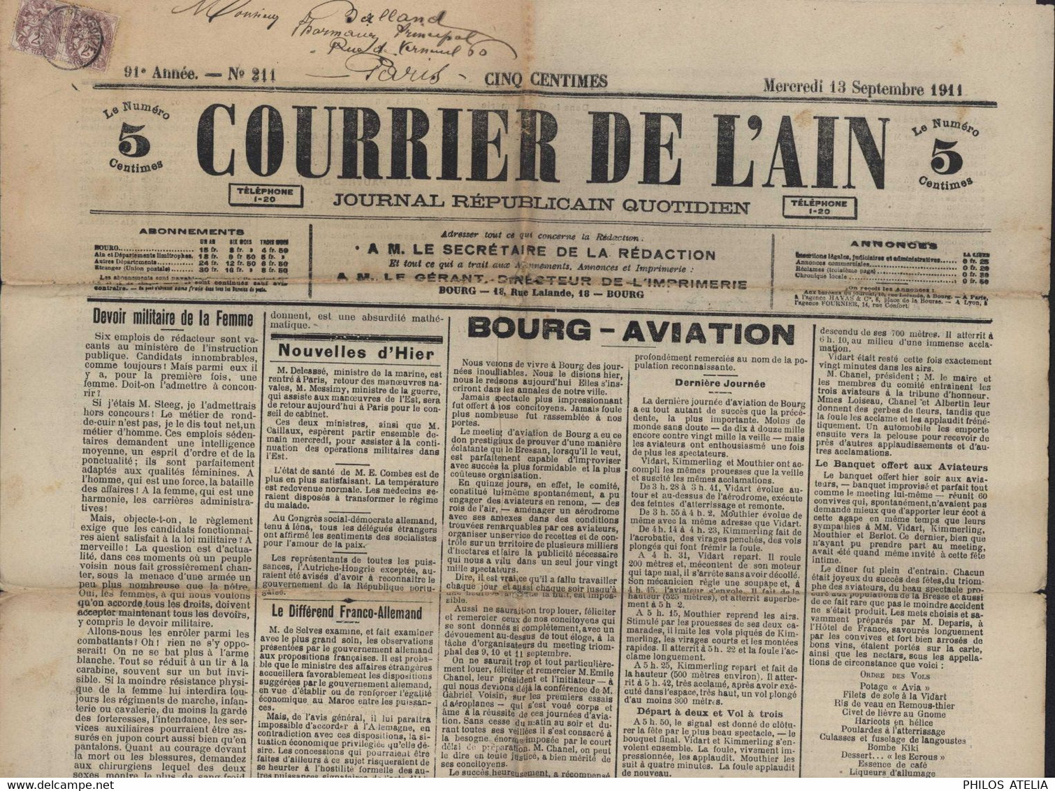 Timbre Pour Journaux YT Blanc 108 X2 CAD Reyssouze Journal Courrier De L'Ain 1911 Parle Meeting Aviation Tarif Misogynie - Journaux