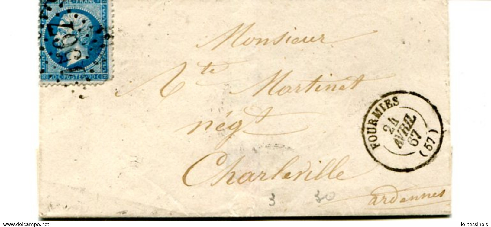 57 LSC Affr. 25c. De FOURMIES Pour Charleville  Du 24/4/1867 - GC 567 +TAD Type 15 Pour Le Départ Et L'arrivée Au Verso - 1849-1876: Klassik