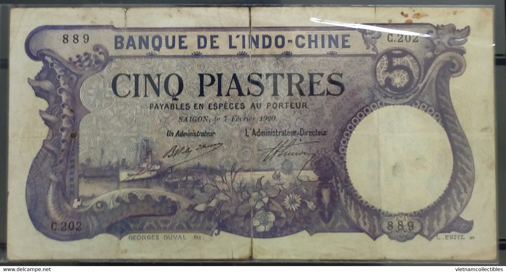 Indochina Indochine Vietnam Viet Nam Laos Cambodia 5 Piastres VF Banknote Note / Billet 7 Feb 1920 - Pick# 40 / 2 Photo - Indochine