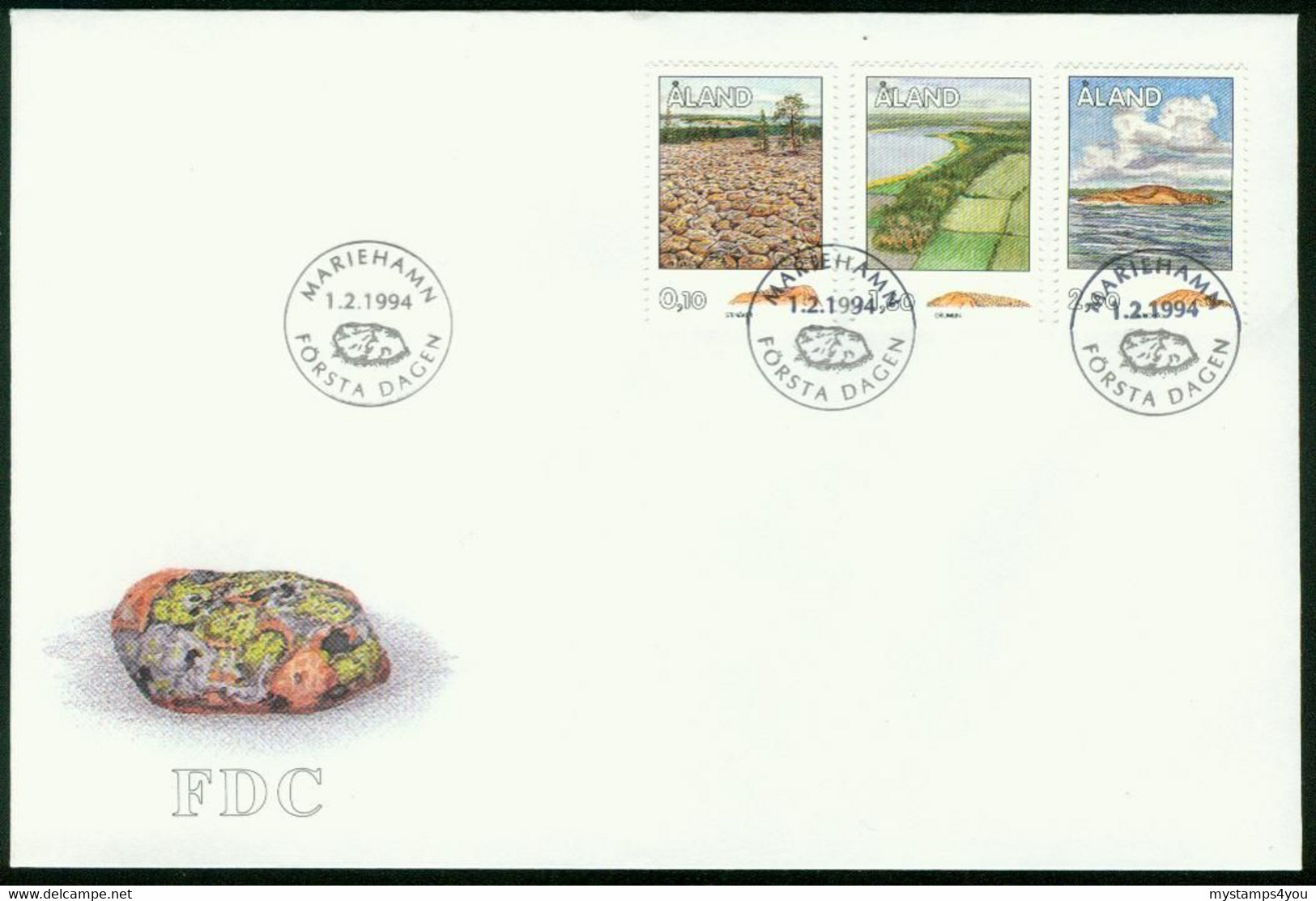 Fd Aland Islands FDC 1994 MiNr 79-81 | Aland Geology. Boulder Field, Dano Gamlan. Drumlin, Markusbole. Red Cow, Lumpurn - Aland