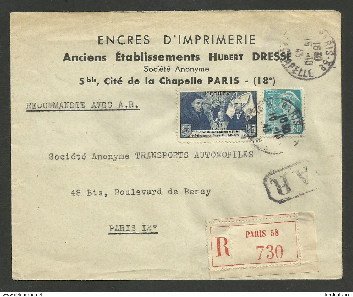 4F BEAUNE + 0.50 MERCURE / Enveloppe Commerciale Recommandée PARIS 16.10.1943 - Andere & Zonder Classificatie