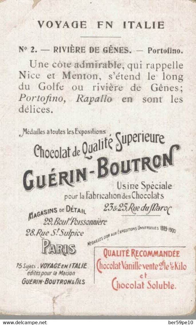 CHROMO CHOCOLAT GUERIN-BOUTRON  VOYAGE EN ITALIE  N° 2  RIVIERE DE GENES  PORTOFINO - Duroyon & Ramette