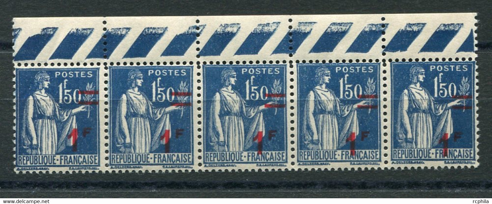 RC 20413 FRANCE N° 485 PAIX VARIÉTÉ SURCHARGE DÉCALÉE HORIZONTALEMENT DANS UNE BANDE DE 5 NEUF ** TB - MNH VF - 1932-39 Peace