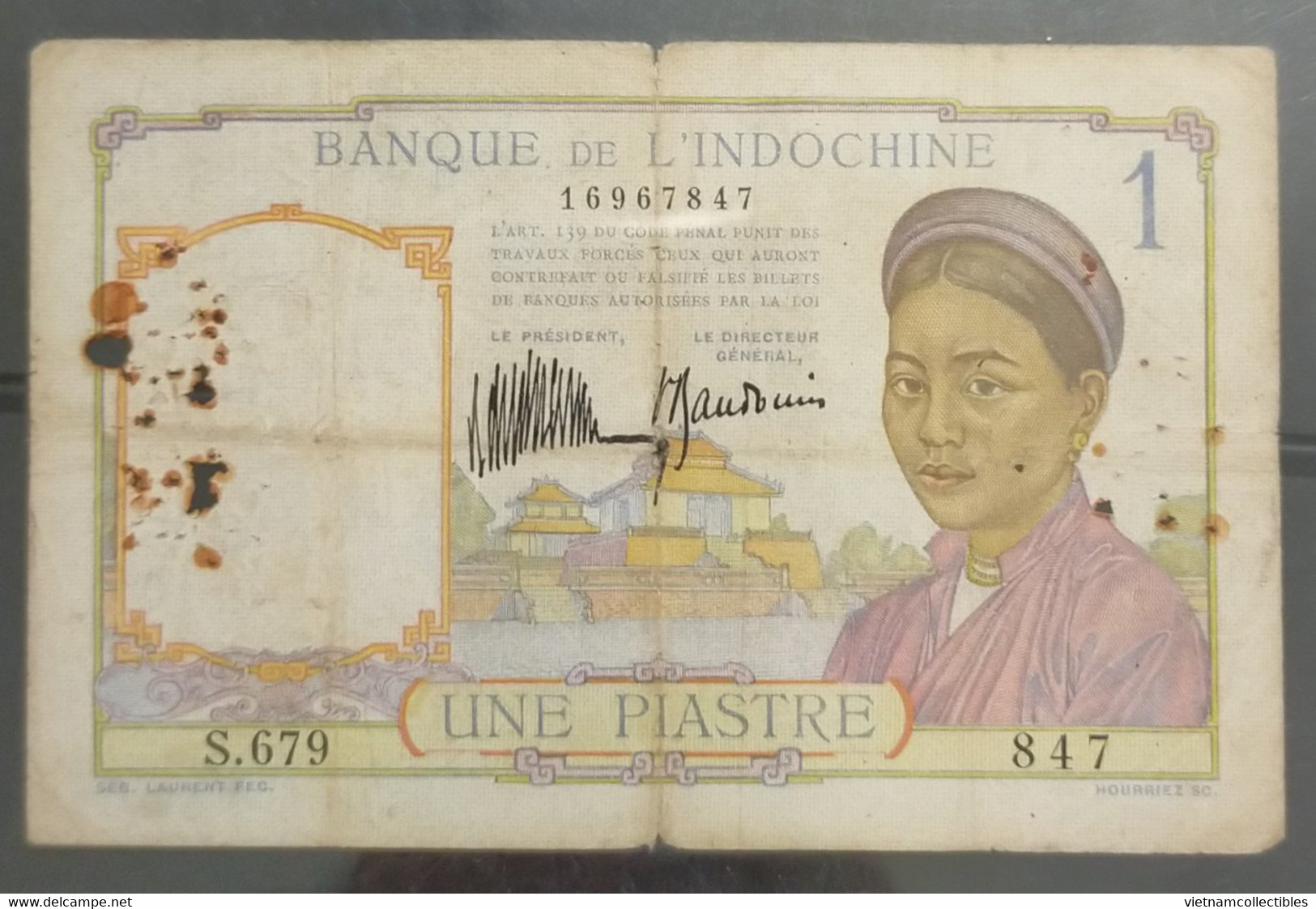 French Indochina Indochine Vietnam Viet Nam Laos Cambodia 1 Piastre VF Banknote Note / Billet 1932 - Pick # 52 / 2 Photo - Indochina