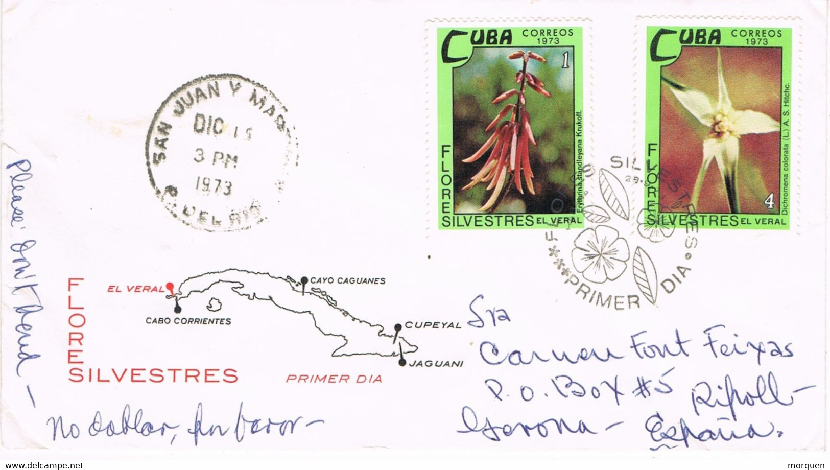 39487. Carta SAN JUAN Y MARINEZ (Pinar Del Rio) Cuba 1973 A Ripoll, Gerona. Flores Silvestres - Lettres & Documents