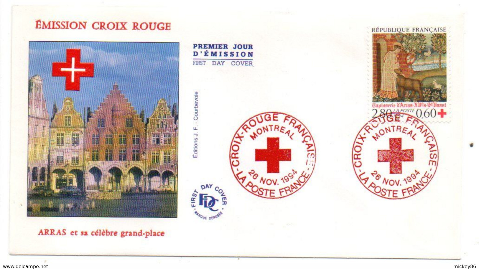 1994 -- FDC  --Croix-Rouge ---Grand-Place D'ARRAS-62   .......cachet  MONTREAL - 1990-1999