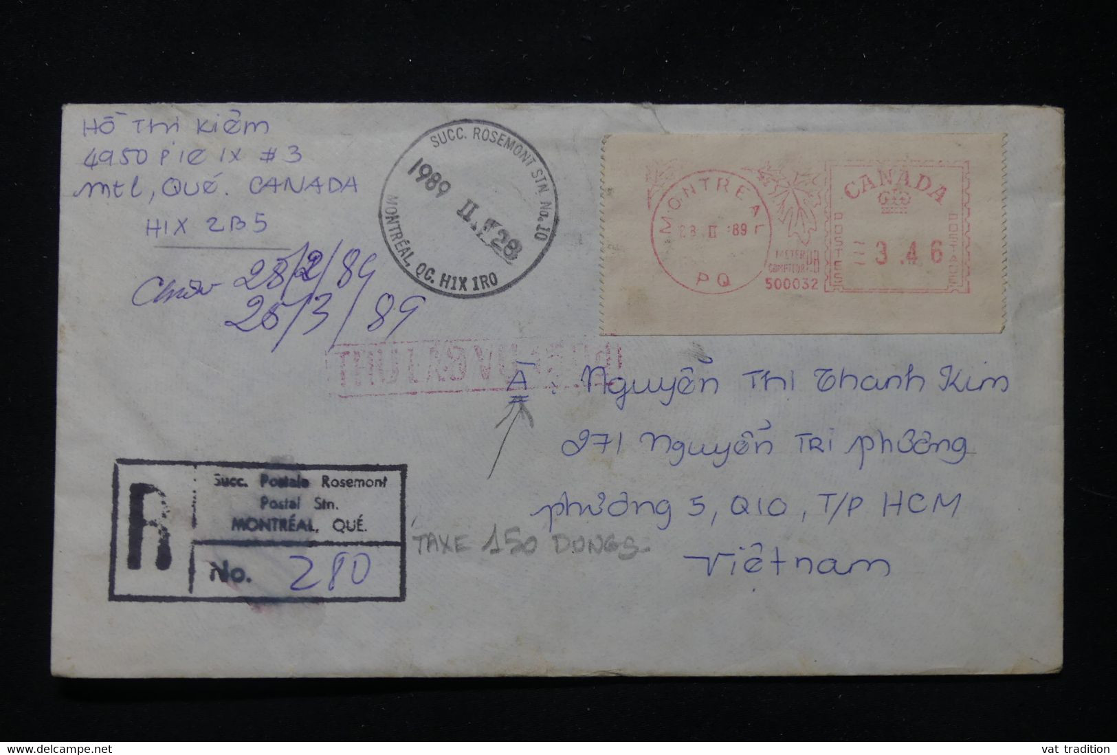 CANADA - Enveloppe En Recommandé De Montréal Pour Le Vietnam En 1989 Avec Taxe Vietnamienne - L 89540 - Cartas & Documentos
