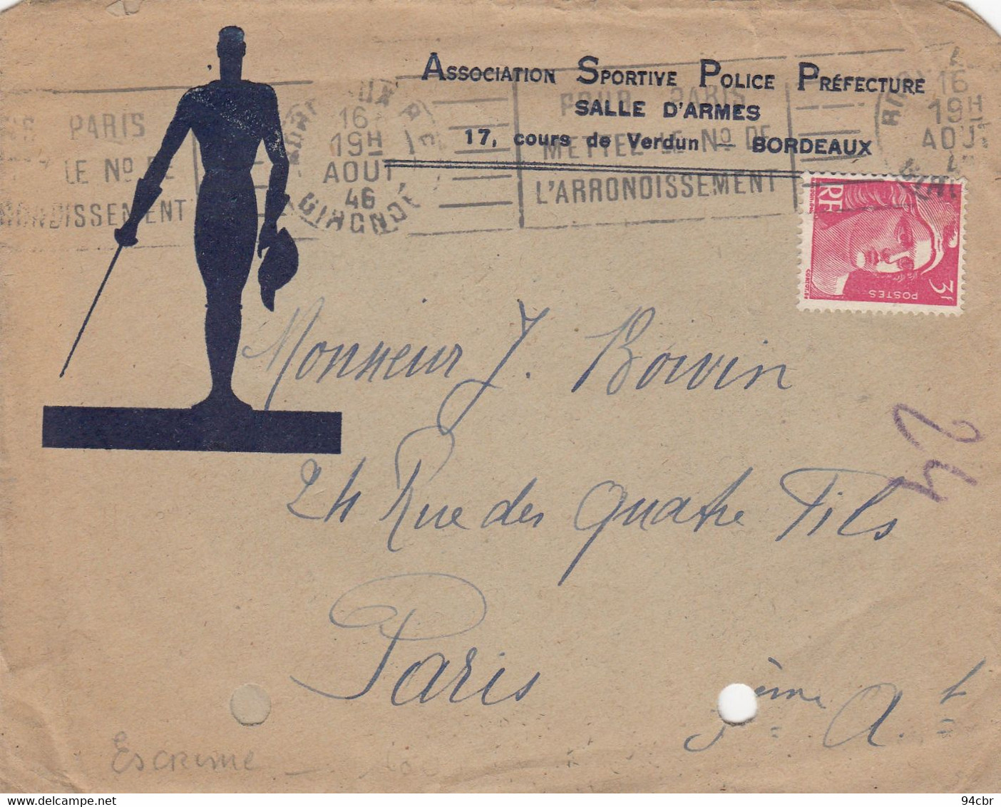 PHILATELIE (enveloppe)ESCRIME  Association Sportive Police  Prefecture  (salle D Armes)(b Bur Theme) - Fencing
