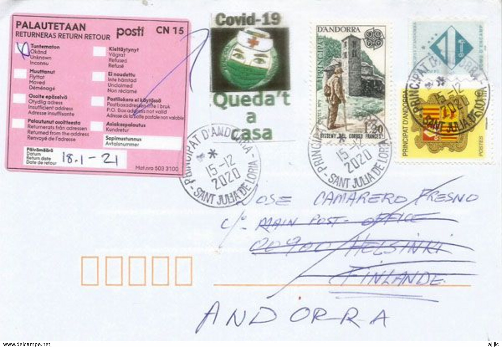 Lettre D'Andorre Adressée à Helsinki (Finlande), Avec Vignette Retour à L'expediteur, Photos Des Deux Cotés Enveloppe - Storia Postale