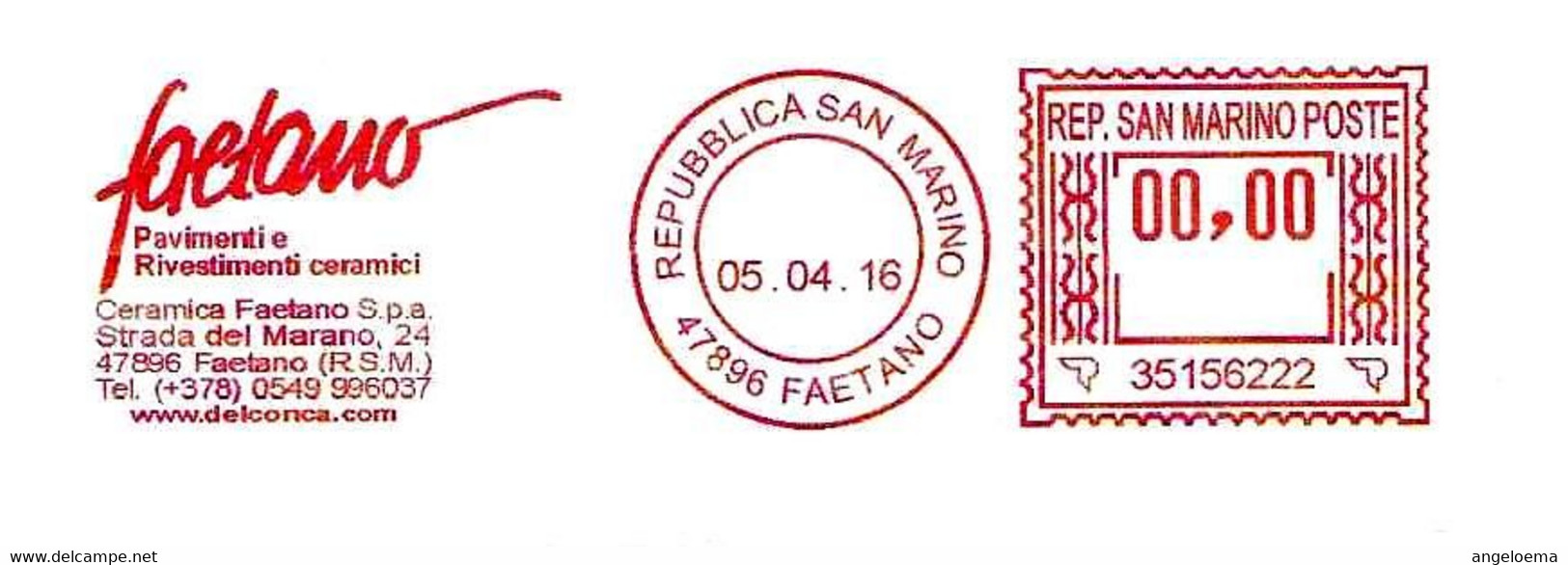 SAN MARINO - 2016 CERAMICA FAETANO - Ema Affrancatura Meccanica Rossa Red Meter Su Busta Non Viaggiata - 1986 - Storia Postale