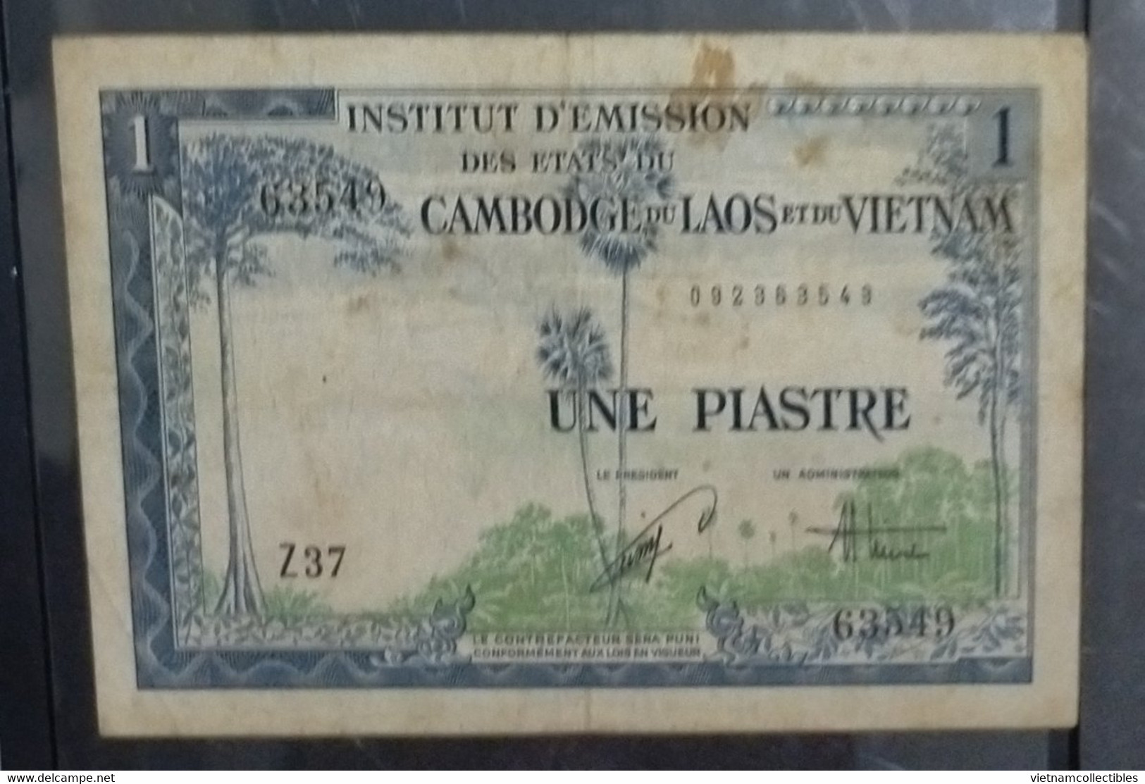 Indochina Indochine Vietnam Viet Nam Laos Cambodia 1 Piastre VF Banknote Note / Billet 1954 - Pick# 105 / 02 Photo - Indochina